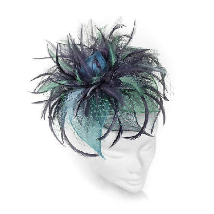 Turquoise Green Black Fascinator ideal for wedding guest, Mother of the Bride or bridesmaid; with feathers, crystals or pearls.