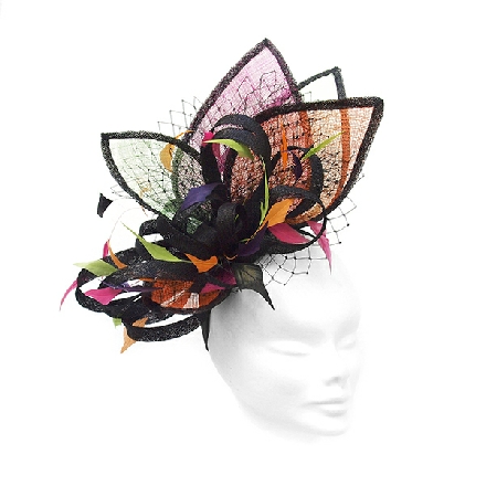 Cerise Orange Lime Green Fascinator ideal for wedding guest, Mother of the Bride or bridesmaid; with feathers, crystals or pearls.